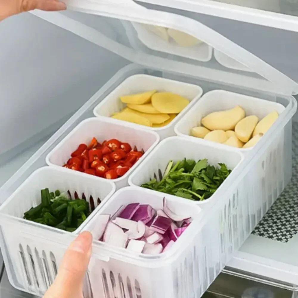 6-in-1 Kitchen Storage Box, 6 Grids Draining Crisper Portable